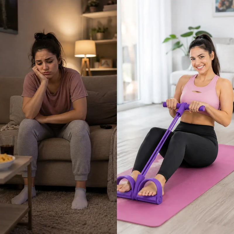 Antes: brazos y abdomen flácidos / Después: cuerpo más firme y tonificado con la banda