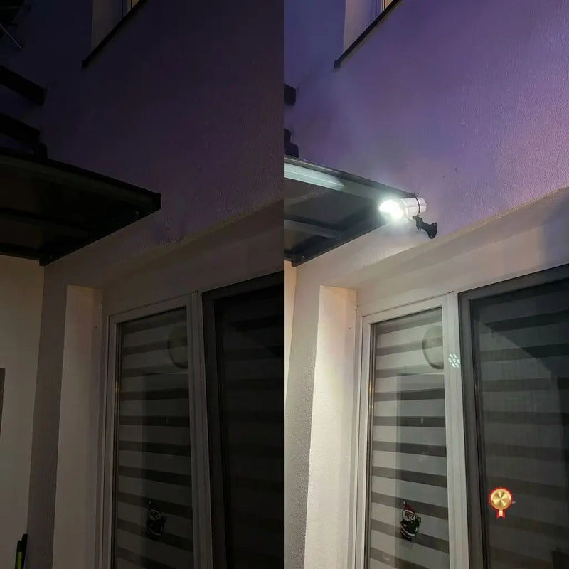 Antes: entrada de casa a oscuras. Después: entrada iluminada por la lámpara solar tipo cámara