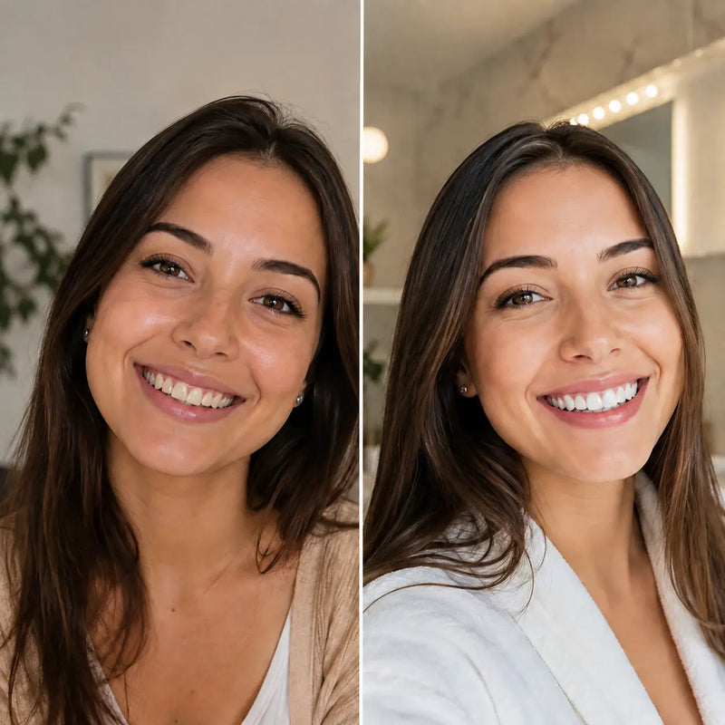 Antes: dientes con manchas de tinto y esmalte desgastado / Después: tono más blanco y parejo tras ocho semanas de uso