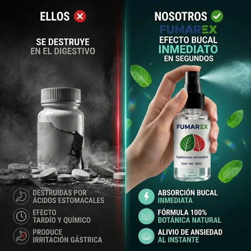 Antes: hombre en la pausa laboral sin saber qué hacer con las manos / Después: el mismo hombre usando el spray Fumarex y siguiendo su día