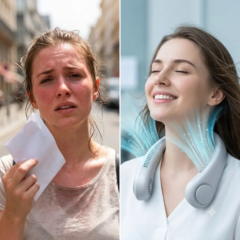 Antes: mujer empapada en sudor con la cara brillante / Después: mujer fresca con el ventilador de cuello puesto