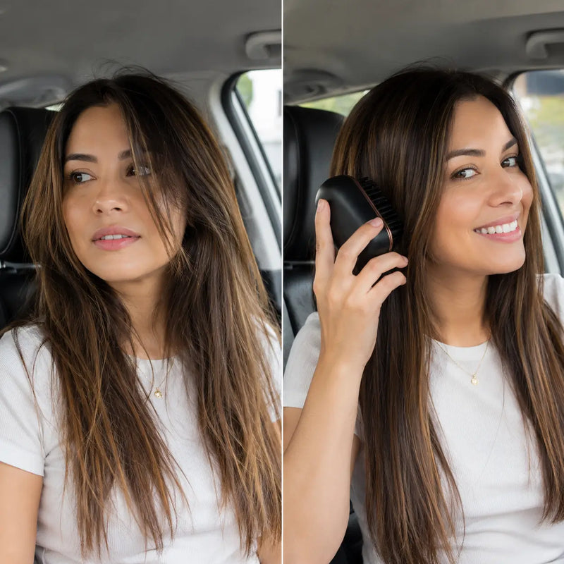 Antes: cabello con frizz y esponjado por la humedad de la calle / Después: cabello liso y suelto tras tres minutos con el mini peine alisador