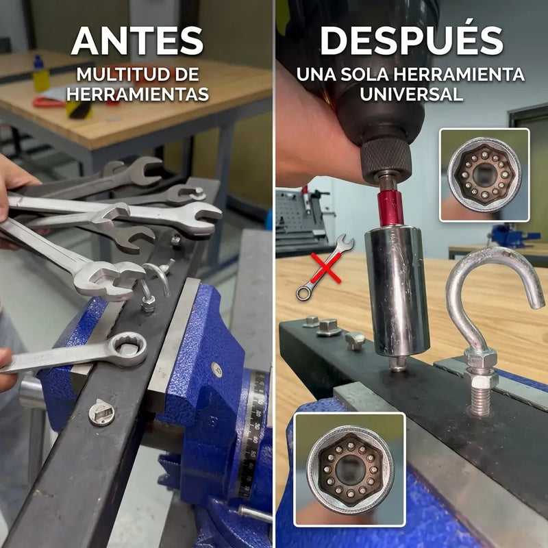 Antes: perno redondeado y marcado con alicate. Después: perno salido limpio con la copa universal