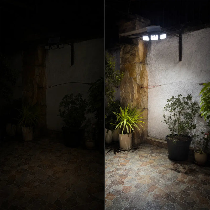 Antes: esquina de patio completamente a oscuras. Después: la misma esquina iluminada por el reflector solar