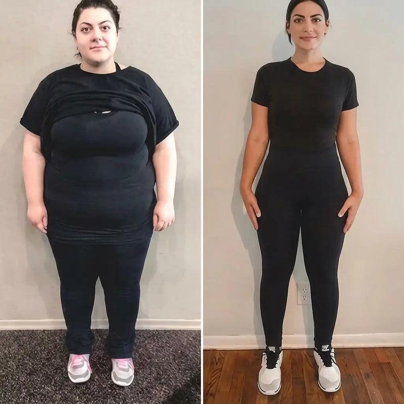 Antes: abdomen bajo inflamado marcado en el jean / Después: cintura lisa con el short moldeador puesto