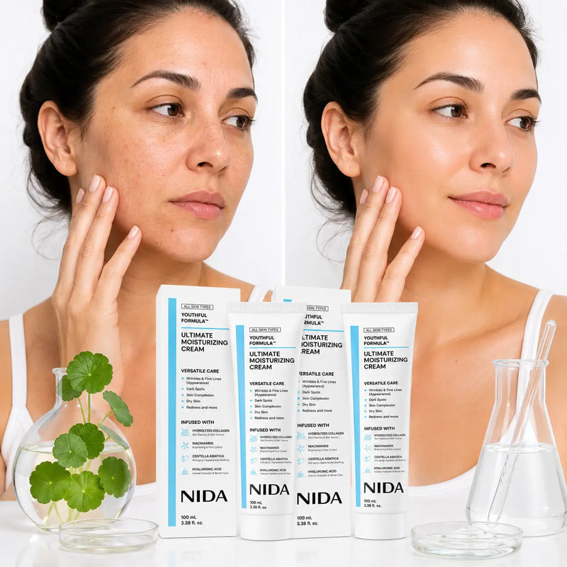 Detalle de la textura ligera y blanca de la crema antes y después de extenderla en la piel, sin residuo
