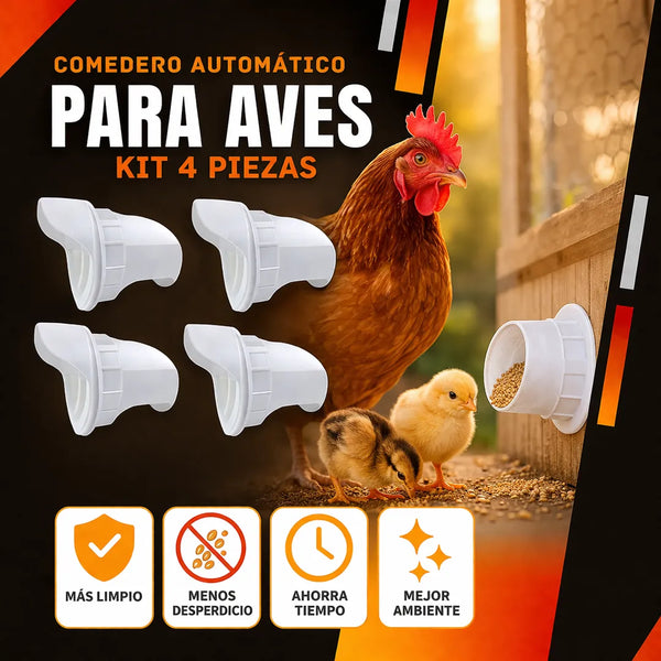 Infografía del kit de 4 puertos blancos para comedero de aves, con sus sellos y tapas
