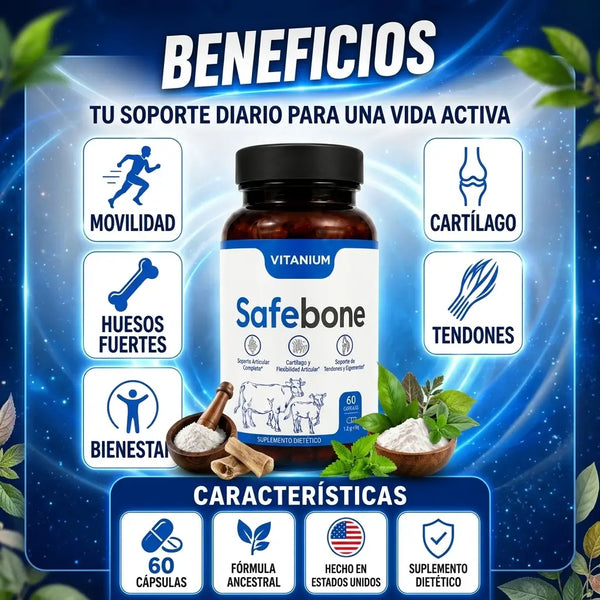 Detalle de la etiqueta azul y blanca del frasco ámbar de Safebone