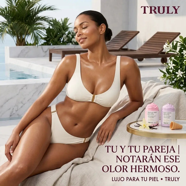 Piel suave y luminosa de la ingle tras usar la crema Truly con aroma de postre