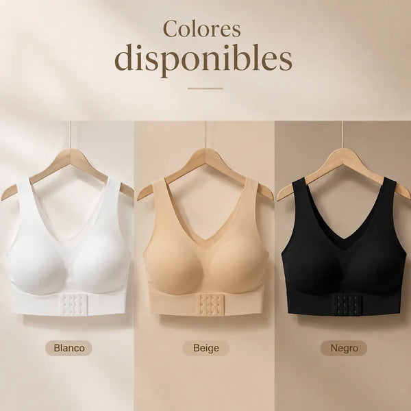 Detalle del diseño cruzado en la espalda del brasier corrector de postura en color beige