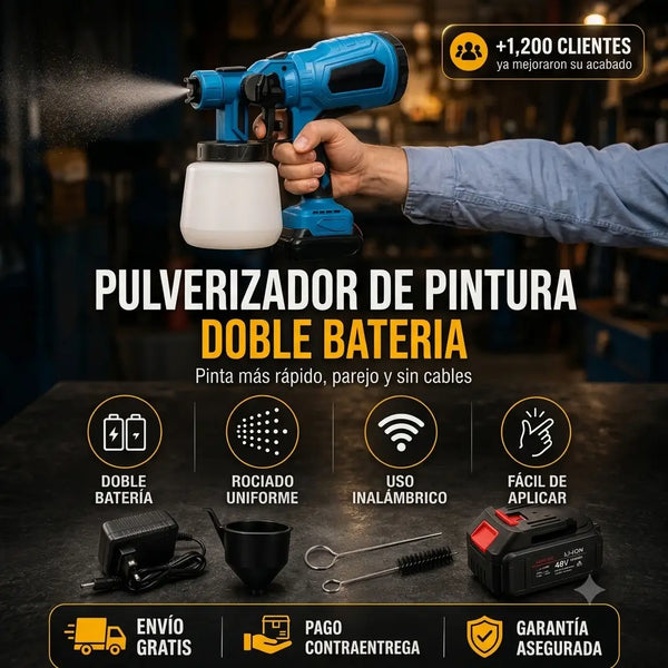 Hombre pintando una reja metálica con la Pistola de Pintura Inalámbrica 48V en un antejardín en Colombia
