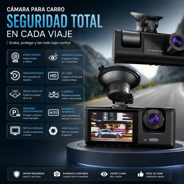 Cámara dashcam triple instalada en el parabrisas de un carro en Bogotá