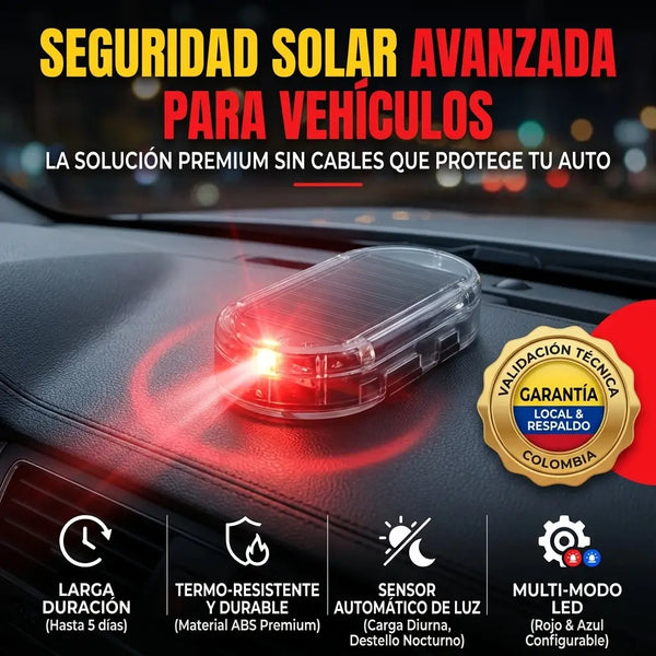 Luces de seguridad solares titilando en el tablero de un carro parqueado de noche en una calle de Bogotá