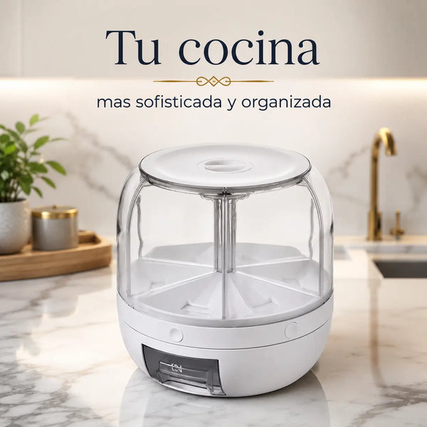 Dispensador giratorio blanco de granos 4.5L sobre el mesón de una cocina colombiana