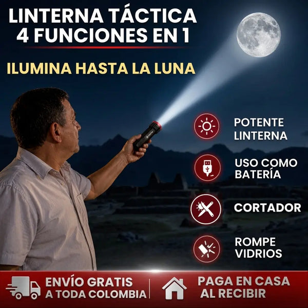 Linterna de rescate 4 en 1 negra con punta de acero rompevidrios sobre el tablero de un carro