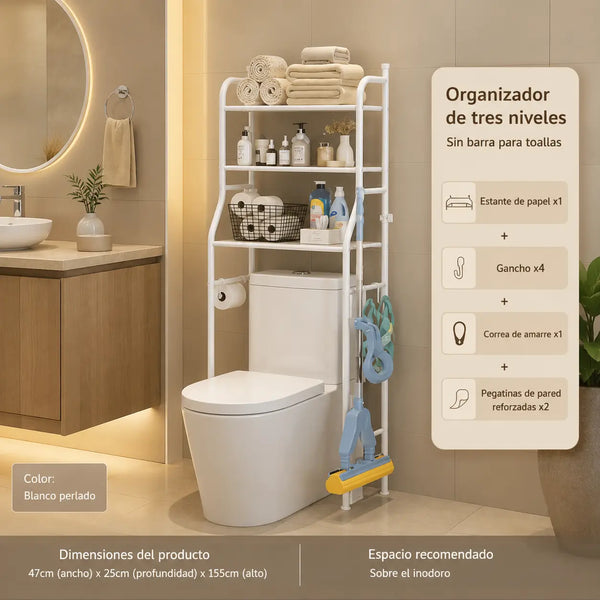 Organizador de baño de 3 niveles sin taladrar instalado sobre el inodoro en un apartamento en arriendo