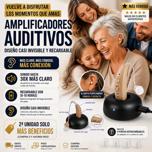 Audífono amplificador recargable discreto con su base de carga sobre una mesa de comedor colombiana