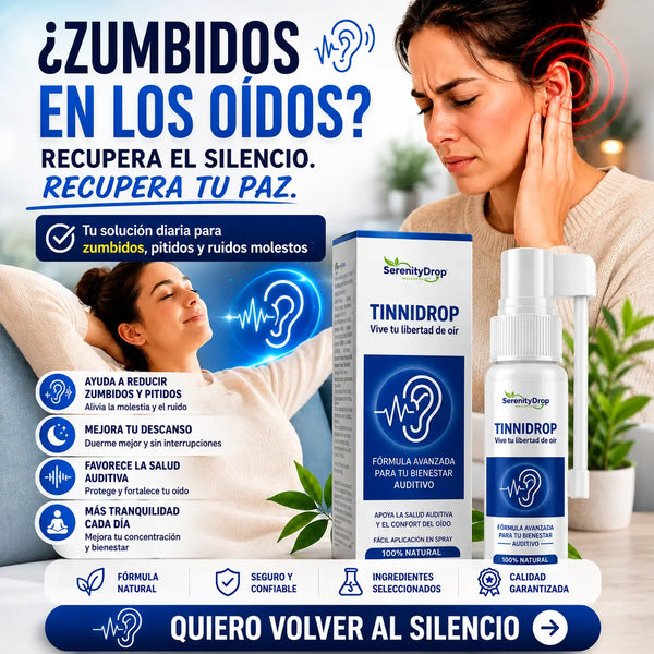 Spray limpiador de oídos de 60 ml en su caja blanca con azul sobre el lavamanos de un baño