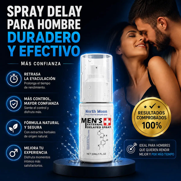 Frasco blanco de spray retardante masculino de 30 ml con detalles negro, rojo y azul sobre la mesa de noche