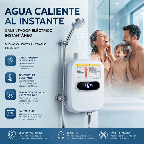 Ducha eléctrica instantánea LED lista para instalar con sus accesorios sobre fondo claro