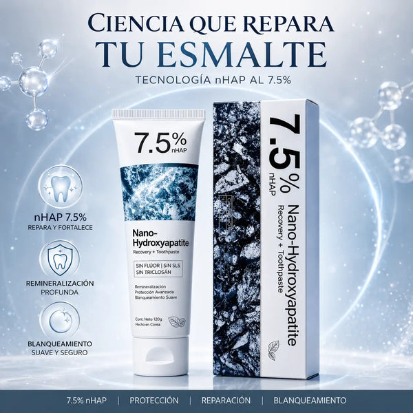 Tubo de crema dental de nano-hidroxiapatita al 7.5% de 120 gramos con tapa dosificadora sobre el lavamanos