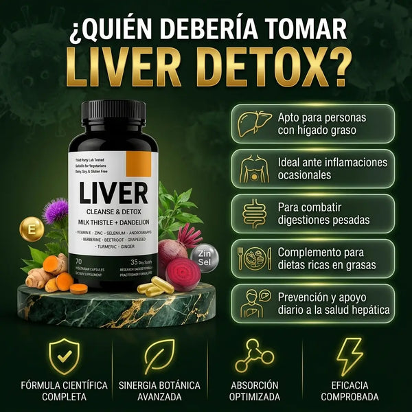 Frasco negro de Liver Cleanse & Detox con etiqueta blanca, detalles naranja y franja inferior verde oscuro sobre la mesa del comedor