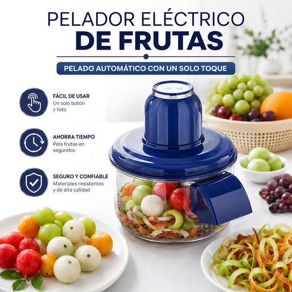 Pelador eléctrico de ajos azul oscuro con tazón transparente sobre el mesón de una cocina colombiana