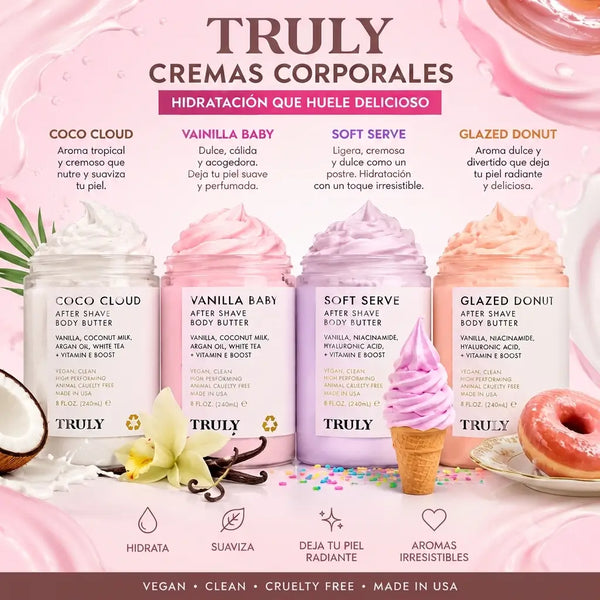 Tarro de crema Truly de 198 ml en aroma Glazed Donut sostenido en la mano de una mujer joven colombiana