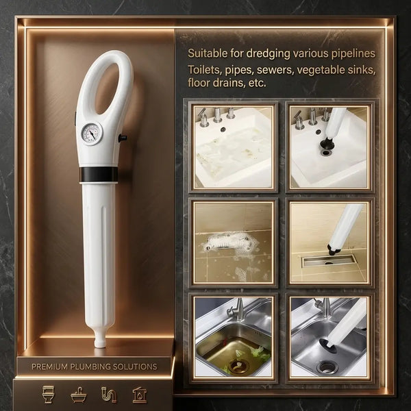 Destapador de sanitario a presión de aire, blanco con manómetro, junto a sus 3 cabezales y 2 adaptadores
