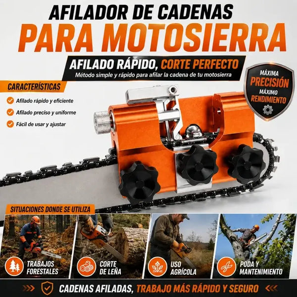 Afilador de cadena para motosierra portátil montado sobre la espada de una motosierra en una finca colombiana
