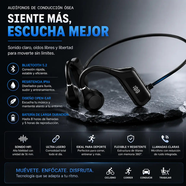 Audífonos Deportivos Conducción Ósea U9 negros vistos de frente sobre fondo claro