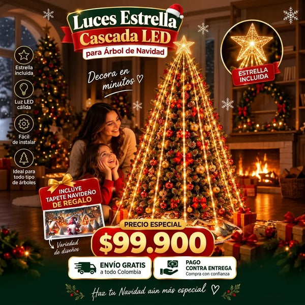 Árbol de Navidad iluminado con Luces Estrella Cascada en luz cálida en una sala colombiana