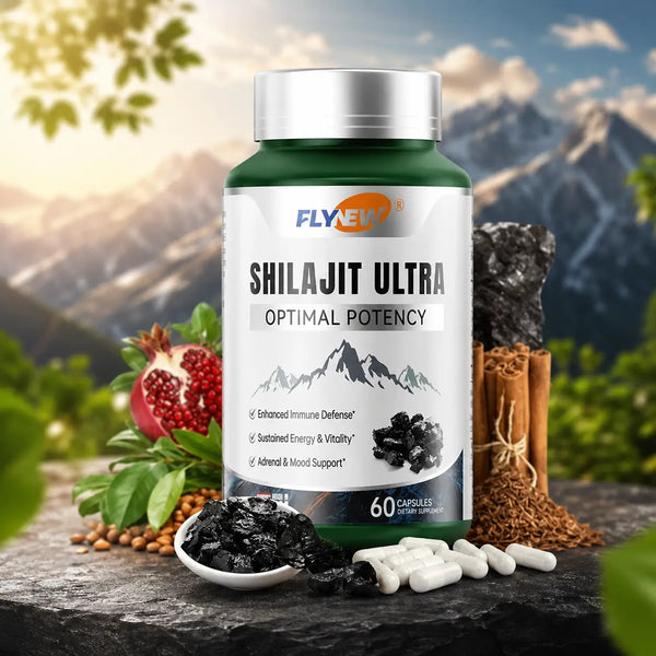 Frasco de shilajit en cápsulas con ácido fúlvico, tapa plateada, sobre la mesa del desayuno