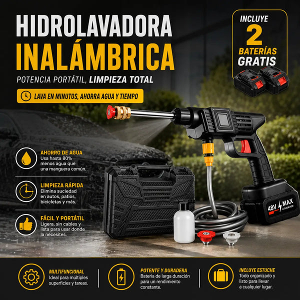 Hidrolavadora inalámbrica 48V negra y roja disparando agua sobre la moto en un parqueadero de conjunto en Bogotá