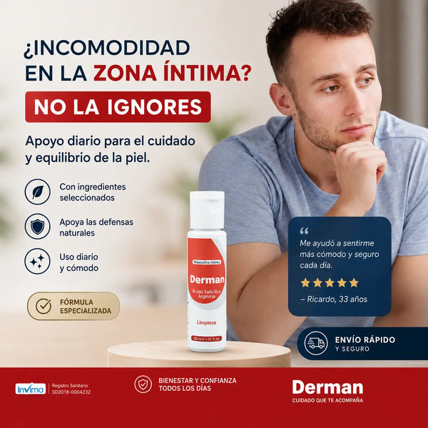 Frasco de Derman Crema Íntima Calmante 30 ml sobre el lavamanos de un baño colombiano