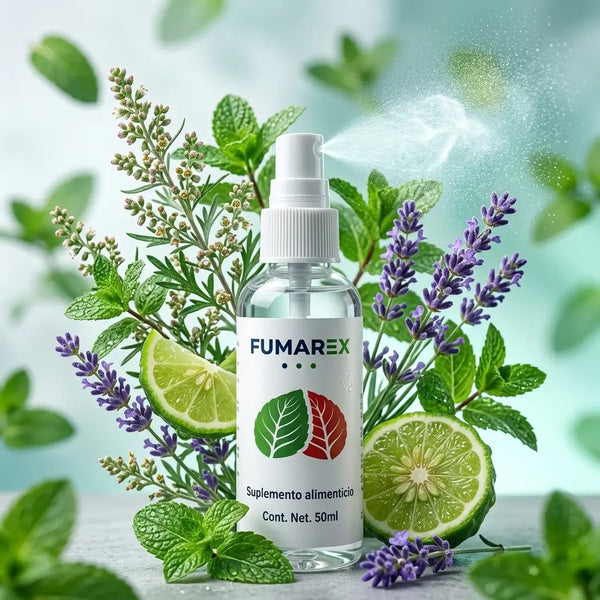 Frasco atomizador de Fumarex Spray Oral Botánico de 50 ml sobre fondo neutro