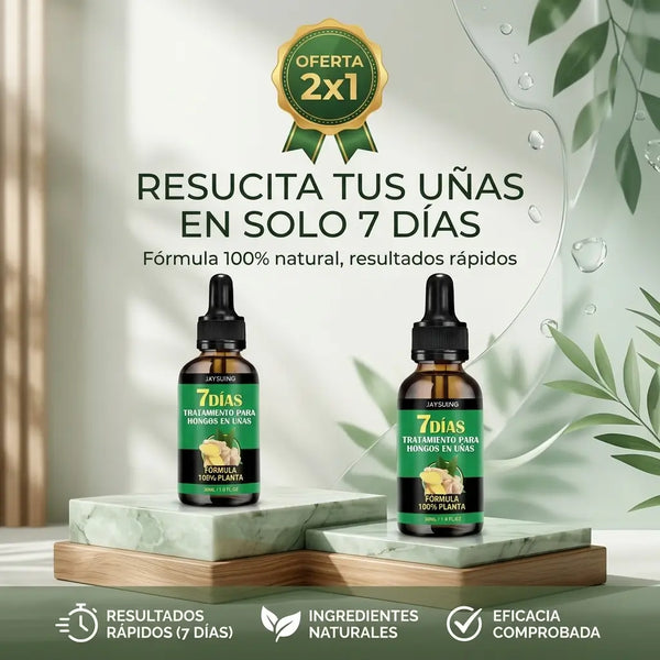 Frasco de vidrio oscuro con gotero del Tratamiento Reparador de Uñas 7 Days de 30 ml sobre una mesa de baño