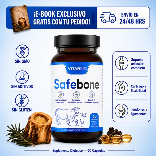 Frasco ámbar de Safebone Suplemento para Articulaciones de 60 cápsulas con etiqueta azul
