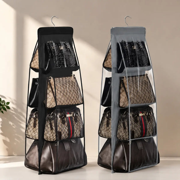Organizador colgante de bolsos negro con 8 bolsillos lleno de carteras en un clóset de apartamento