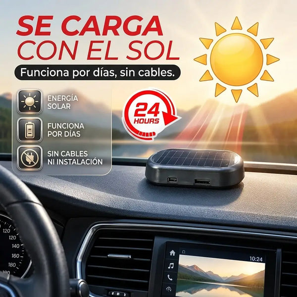 Mano pegando la luz solar de seguridad en el tablero del carro, junto al vidrio