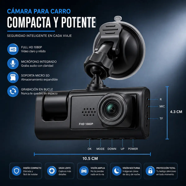 Detalle de las tres lentes de la dashcam: frontal, cabina y trasera