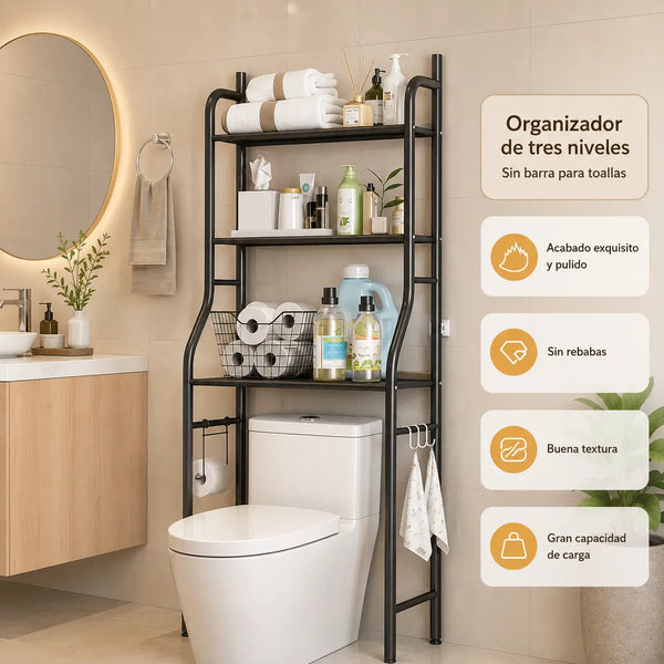 Vista lateral del estante metálico negro mate de 25 cm de fondo detrás del sanitario en un baño pequeño