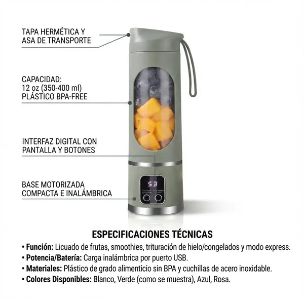 Mujer joven bebiendo su jugo de fruta recién licuado directamente del vaso de la licuadora portátil en su puesto de trabajo
