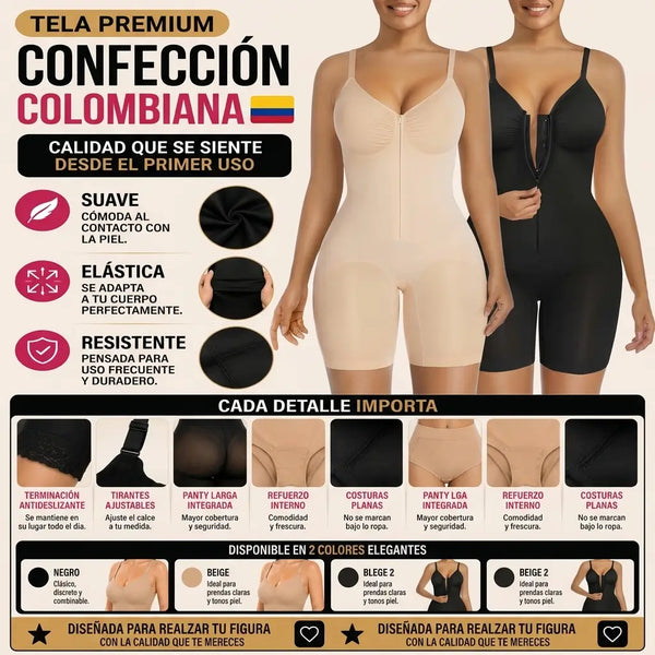 Mujer con jean y blusa pegada que lleva el enterizo moldeador debajo sin que marque la ropa
