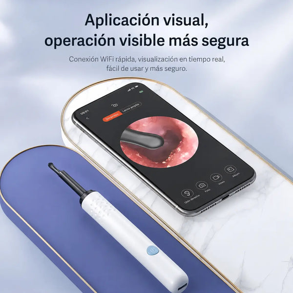 Pantalla del celular mostrando el interior del oído en tiempo real con la cámara HD 360°