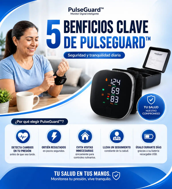 Pantalla del tensiómetro mostrando presión sistólica, diastólica y pulso con retroiluminación verde