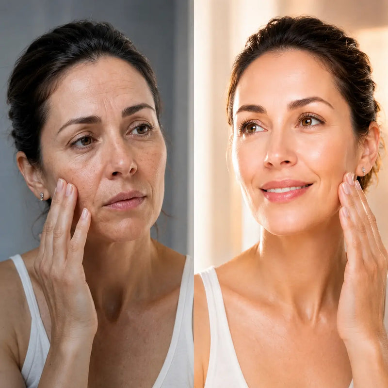 Antes: cabello fino y sin brillo / Después: cabello más fuerte y con volumen tras tomar colágeno