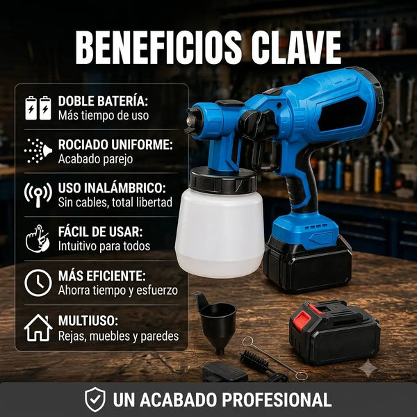 Detalle de la Pistola de Pintura Inalámbrica 48V con sus 2 baterías y taza medidora incluidas