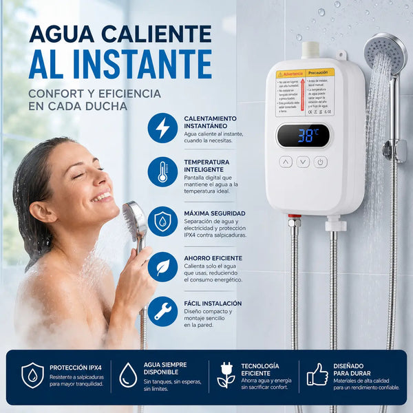 Mamá colombiana ajustando la temperatura de la ducha eléctrica LED antes de bañar a su hijo