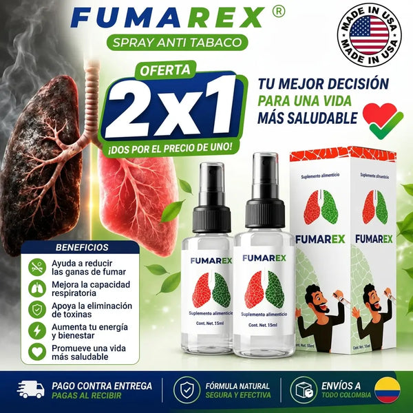 Hombre de 35 años usando el spray oral Fumarex en una pausa de trabajo en Bogotá